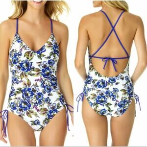 A.N.A New Approach Women Blue White Romeo Floral Open Back Swimsuit One Piece M